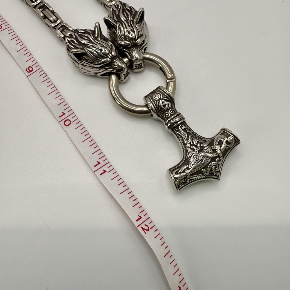 Viking Wolf Heads Mjolnir Thor Hammer Pendant Necklace Silver Tone Chain Mens‎ - Picture 6 of 6